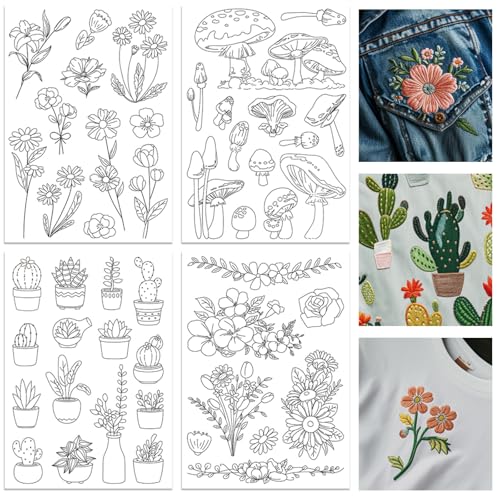 ORIGACH 4 Sheets Large Water Soluble Embroidery Patterns Stabilizers - Pre-Printed Floral, Plants, Mushroom & Bonsai Designs - Stick & Stitch Embroidery Paper for Hand Sewing Lovers - color: Floral Plants Mushroom & Bonsai