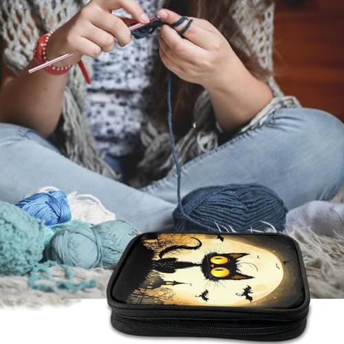 Kathyboom Crochet Hook Case Without Hooks,Halloween Black Cat Bat Castle Zipper Storage Organizer Bag with Web Pockets for Crochet Hook Kit Tools - color: Halloween Black Cat Bat Castle-