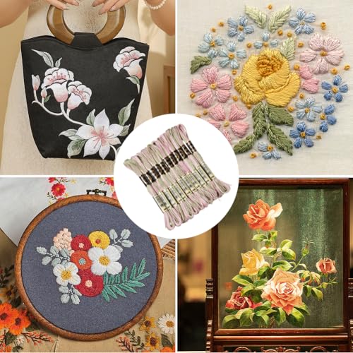 10 Skeins 6 Strands Pink Green Hand Variegated Embroidery Floss Gradient Cross Stitch Thread Friendship Bracelet String Yarn Bracelets Threads Bulk for Sewing Crochet Crafts Stitching DIY - color: Dark Sea Green
