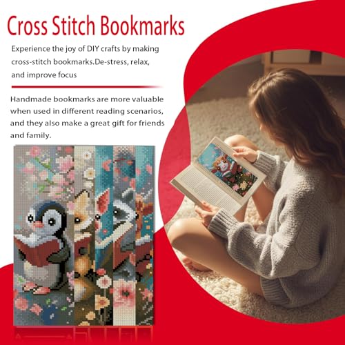 VIGEGU 5 Pack Animal Cross Stitch Bookmark Kits for Adult Beginners - color: Animals reading books Cross Stitch Bookmark