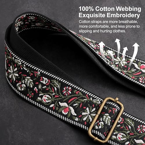 Nefelibata Banjo Strap,2"Wide Double Crazy Horse Leather Jacquard Embroidery Strap Adjustable Replacement,Multi-pattern Strap With Metal Clips - color: A#-leather White Flower Embroidery