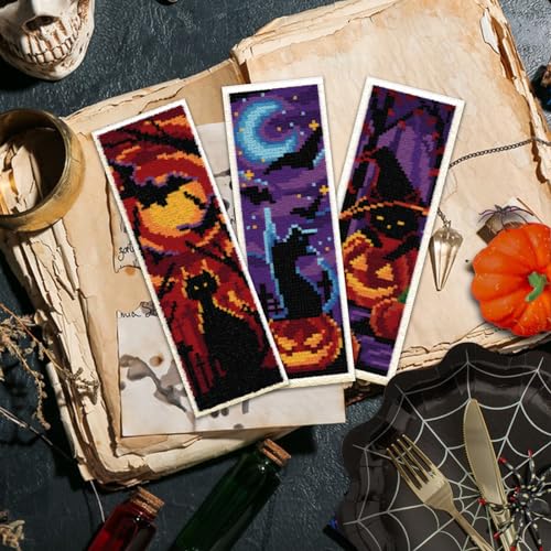ACRNIGHEET 6PCS Cat Cross Stitch Bookmark Kit DIY Halloween Bookmarks Cross Stitch Kit for Adult Beginners Pumpkin Cross-Stitch Stamped Kits 8.7x3.1inch Stamped Embroidery Bookmark with Instructions - style: Halloween Patterns 1