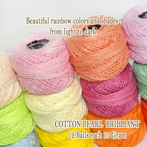 Double Mercerized Egyptian Long Staple Cotton Pearl Thread Ball 10 Grams Rainbow Color 12 Colors per Box for Crochet Hardanger Kniting Hand Sewing,Warm Orange-RedPalette - color: Warm Orange-Red Palette