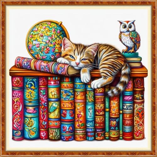 Funchey Counted Cross Stitch Kits for Adults Needlepoint Kits Unprinted Cross Stitching Embroidery Kit 11CT Cross Stitch Supplies-Bookshelf Cat 18x18 inch - color: Artcolor09
