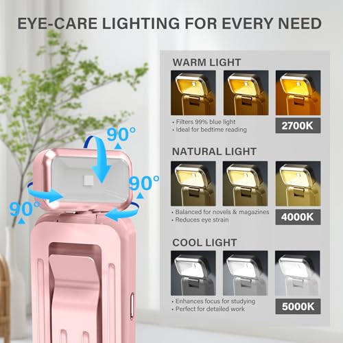 KTEBO Rechargeable Book Light with Clip & Battery Indicator, 9 Luminescence Modes, USB-C Portable 1.6 oz Ultralight Lamp for Night Reading in Bed, Readers - Pink - color: Pink
