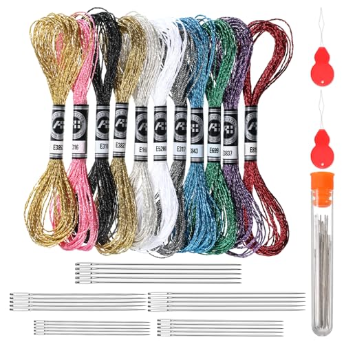 11 Skeins Embroidery Floss, Metallic Embroidery Thread 12 Strands Glitter Embroiderys Thread 8M Colorful Embroideries Floss with 5 Size Needles and 1 Threader for Hand Embroideries String DIY Art
