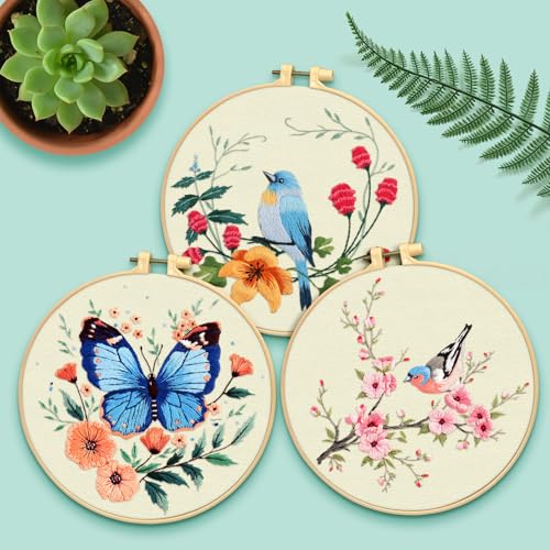 ERKOON 5 Sets Embroidery Kit for Beginners Adult Bird Flower Cross Stitch - color: Butterfly and Hummingbird