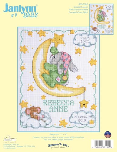 Janlynn Cross Stitch Kit, 14-Inch by 11-Inch, Crescent Moon Birth Announcement, White