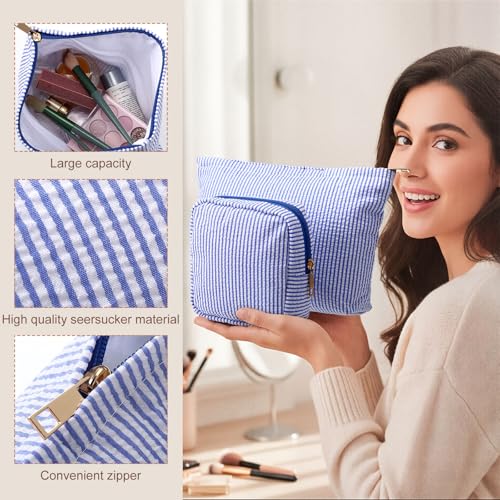 Sanwuta 4 Pcs Seersucker Pouch Striped Makeup Bag Set, Dark Blue - color: Dark Blue