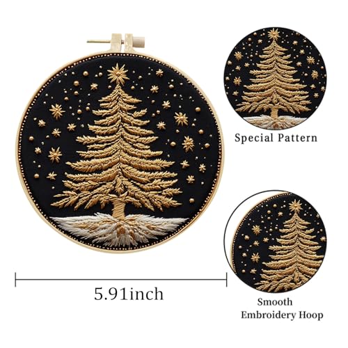 EOBTAIN 3 Pcs Merry Christmas Embroidery Kit for Beginners,Green Gold Christmas Tree Embroidery Starter Kit Xmas Winter Snow Stamped Patterns with Hoop,Thread,Needles,Hand DIY Craft Kits for Adults - color: Green Gold