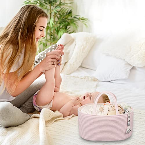 XUANGUO Large Pink Cotton Rope Baby Diaper Caddy Organizer Basket for Girls - color: Light pink, size: Large