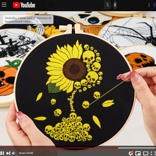 Halloween Gothic Embroidery Kits for Beginners Adults, Skull Hand Embroidery Needlepoint Kits, Sunflower Stamped Cross Stitch Kits for Beginners Adult, 3 Set Embroidery Hoops (Attached Video Tutorial) - color: Sunflower