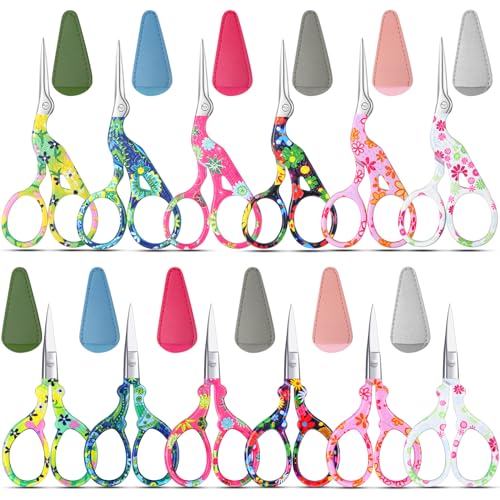 Therwen 12 Pcs 3.6 Inch Embroidery Scissors with Artificial Leather Cover Sewing Scissors Stainless Steel Vintage Craft for Crafting Threading DIY Needlework Art Manual Handicraft(Cute) - style: Cute
