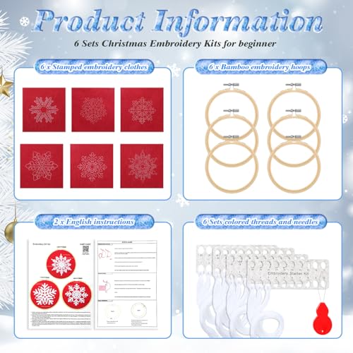 Roowest 6 Sets Christmas Embroidery Kits Snowflake Ornament DIY,Red - color: Red