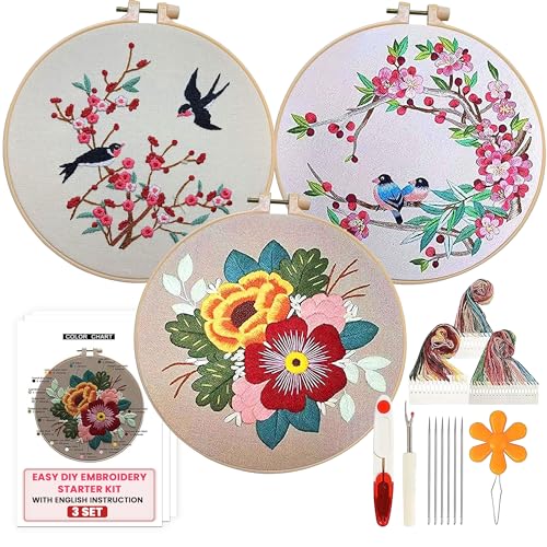 The ZenStore Birds & Flowers Embroidery Kit for Adults – Beginner DIY Hand Embroidery Set with Hoop, Stamped Fabric, Thread & Needles – Floral and Plant Pattern Sewing Craft Kit for Women & Teens - color: Floral Embroidery Kit For Beginners
