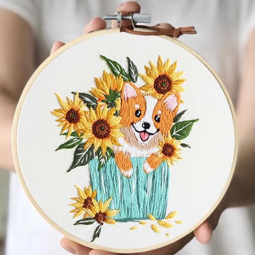 Embroidery Kit for Beginners, Dog Flower Pattern Embroidery Practice Kits - color: Dog pattern