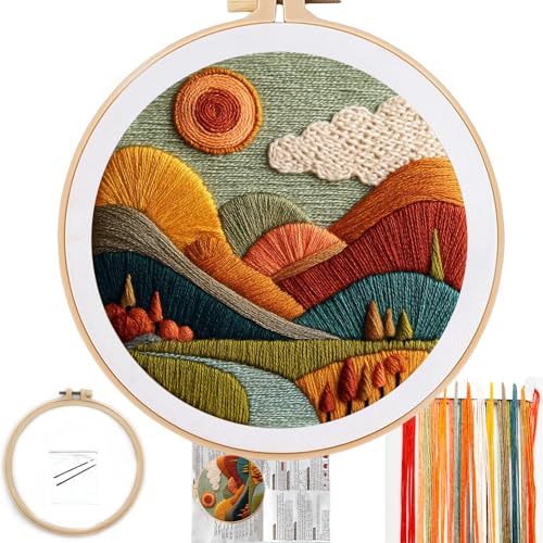 FONNUY Embroidery Kit for Beginners, Textured Vibrant Nature Landscape Pre-Stamped Pattern Kits for Adults with Hoop, Easy to Follow Color Thread Needlework, 8'' Hoop (Red 1) - color: Red 1