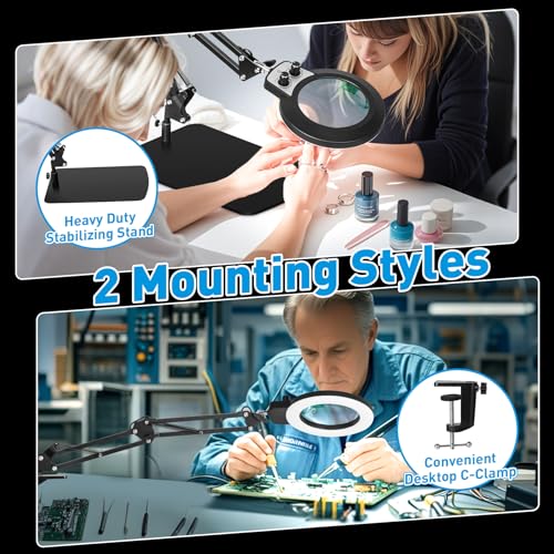 KIRKAS 12X Magnifying Glass with Light and Stand, Overhead Knob 2 in 1 - size: 12X 11.8 INCH Base & Clamp