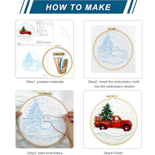 Zhenqing Christmas Embroidery Kit for Beginners - 4 Piece 29x29cm Round Hoop Art with Pre-Printed Cotton Fabric, Embroidery Hoop, Threads & Tools (Merry Christmas, Stocking, Truck, Gnomes) - style: Merry Christmas+Stocking +Truck+Gnomes