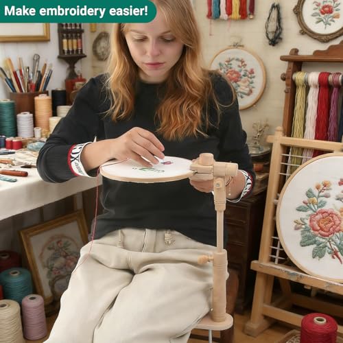Airo Beech Adjustable Embroidery Hoop Stand,Cross Stitch Stand,Embroidery Hoop Holder,Wood Embroidery Stand with 2pcs Embroidery Hoops (6inch + 8inch), Rotatable, Tool-Free Installation