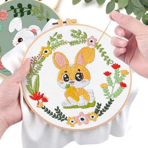 ERKOON 4 Sets Embroidery Kit, Animal Cross Stitch Set for Include Embroidery Cloth Hoops Threads for Craft Lover Hand Stitch (Rabbit) - color: Rabbit