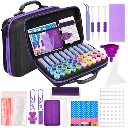MERATIA Diamond Painting Storage Case Organizer, 40 Slots with Accessories - color: Purple-10 square+30 round bottles