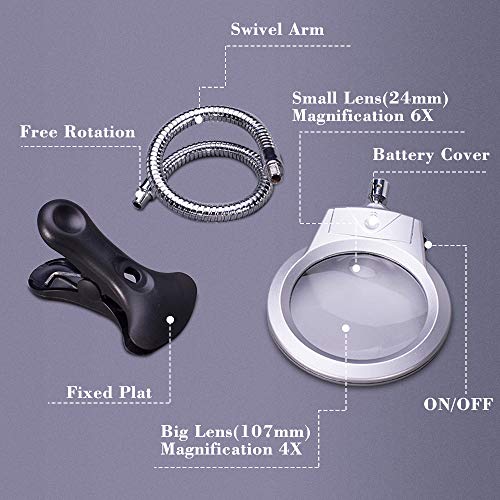 5D Diamond Painting Tools Magnifier LED Light with Clamp, Folding Design with 1 Glass Lens 4X & 6X Magnifier