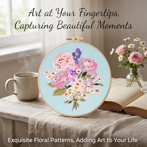 Harimau Adult Beginner Embroidery Starter Kit, Complete Set with 4 Patterns, 2 Hoops, Needles, Scissors, Instruction Guide & Stitching Video Tutorials - color: Floral6 pattern