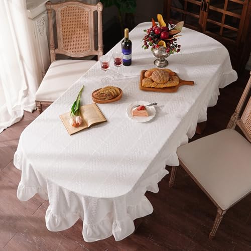 ARTMAGIC White Ruffle Oval Tablecloth French Cotton Rectangle Tablecloths - size: 104" x 60" (Oval)