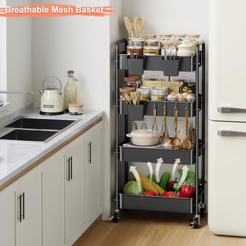 4 Tier Rolling Cart Metal with Wheels, Black Storage Carts,38in Tall - color: Matte Black, size: 4 Tier + Cups + Hooks