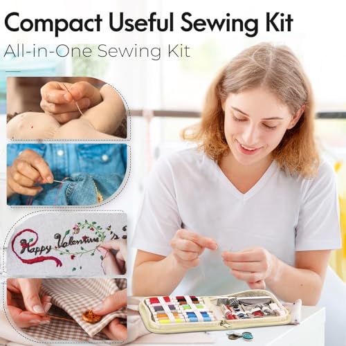 Coquimbo Sewing Kit Gifts for Adults Teen Grils Women Mom Grandma, Portable Sewing Supplies Contains Tape Measure, Scissors, Thimble, Thread, Sewing Needles (Beige, M) - color: Beige, size: M