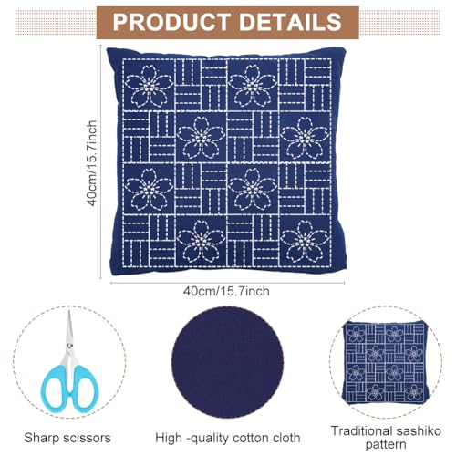 WEBEEDY DIY Sashiko Pillowcase Template Set for Traditional Japanese Sashiko Pattern Fabric Pillowcase Embroidery Kit Stitching Sashiko with Video Instructions for Home Sofa Decor, 15.7x15.7inch