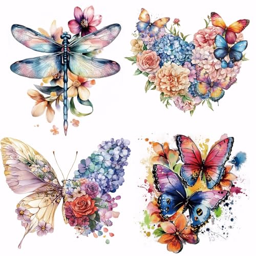 SUPERDANT 4PCS Butterfly Flowers Iron on Transfer Paper Dragonfly Florid Heat Transfer Sticker Washable Iron on Decals for T Shirts DTF Transfers Ready to Press for Clothing Hoodie Jackets DIY Gift - style: Butterfly Flowers
