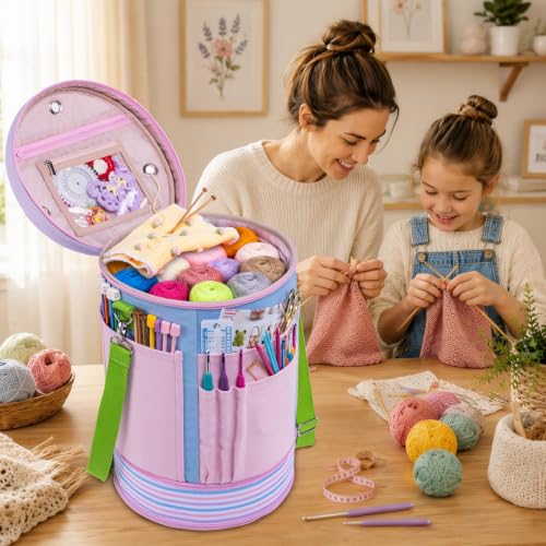 Canvas Yarn Storage Organizer with Removable Dividers, Crochet&Knitting Bag - color: Cotton Candy