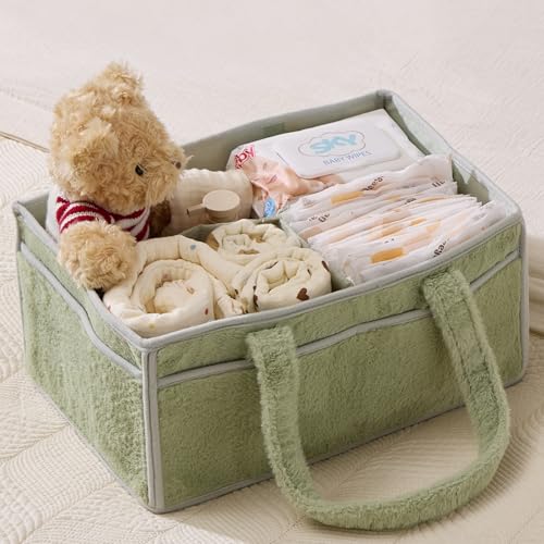 luxury little Soft Baby Diaper Caddy Organizer, Nursery Storage Basket with Removable Divider, Portable Baby Diapers Basket, Gifts for New Parent, Baby Shower (Green) - color: Green