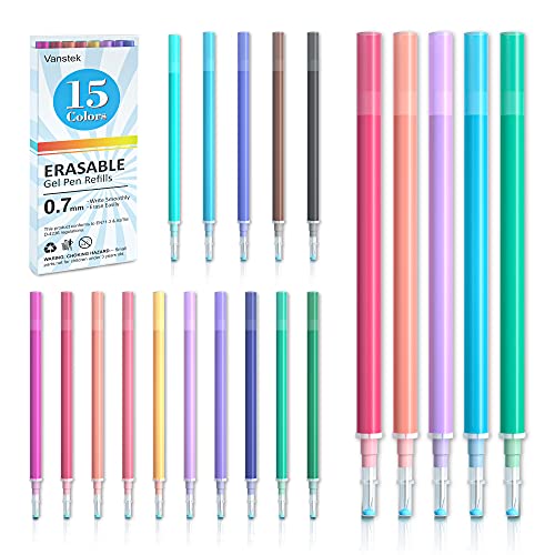 Vanstek 15 Assorted Colors Erasable Pen Refills, Gel Ink Refills Compatible with Erasable Pens, Fine Point 0.7 mm, Perfect for Writing Planner & Crossword Puzzles - color: 15 Colors Refills