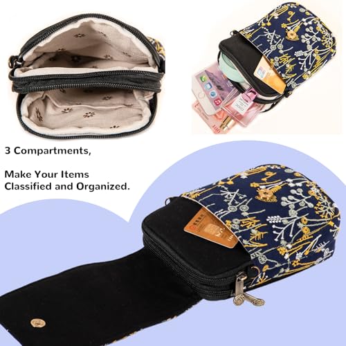 Embroidery Flowers Canvas Crossbody Bag, Women Messenger Bag, Cellphone Pouch Purse - color: Deepblue Grass
