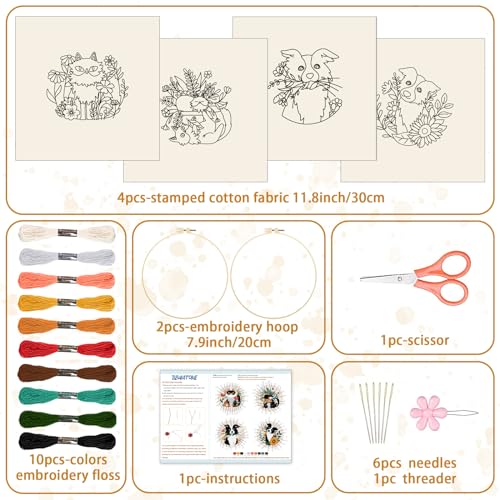 BEUNITONE 4 Set Cat and Dog Embroidery Kit for Beginenrs Hand Sewing Embroidery Kits with Cat and Dog Pattern Needlepoint Kit with Colourful Threads Needles Instructions - style: Cat Dog