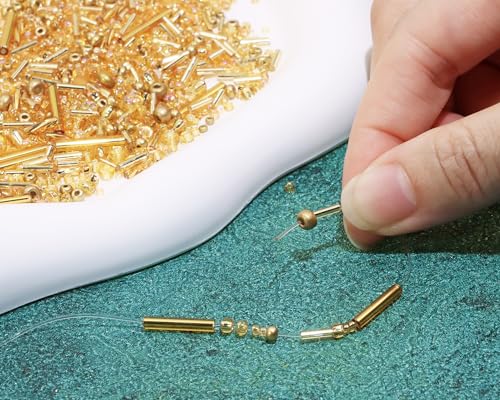 Mixed Craft Beads 1000Pcs/20g Glass Seed Beads Tube Beads Bugle Beads 1.5-4.5mm Small Loose Spacer Beads for DIY Bracelets Necklace Earring Jewelry Making (Gold) - color: Gold