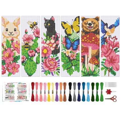 BEUNITONE 6 PCS Cross Stitch Bookmark Kit for Adults Beginners,Animal and Floral Pre-Printed Cross Stitch,DIY Stamped Embroidery Bookmark Kits,with Instructions,Craft Kit for Book Lovers 8.5''x3'' - style: Animals And Flower Plants