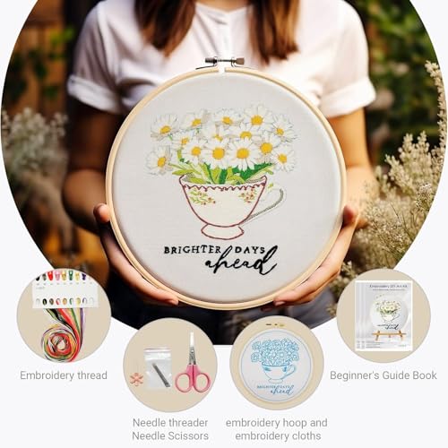 HKLIOPU Embroidery Kit for Adult,3-Pack Pre-Stamped Patterns,7.8-Inch Hoop,Threads & Needles,Step-by-Step Guide,DIY Needlework Craft Gift for Women