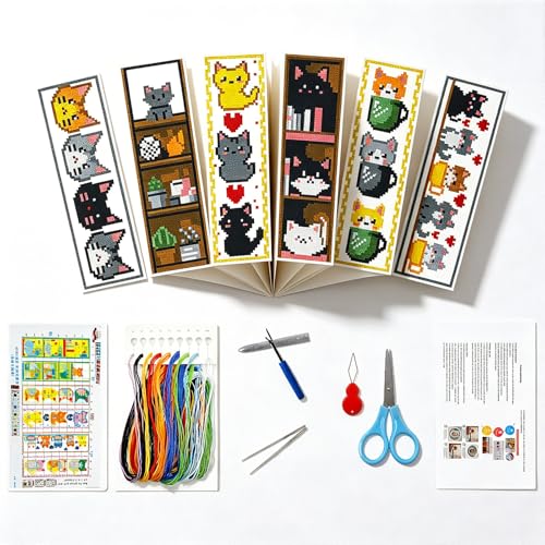 Zhenqing Bookish Cat Stamped Cross Stitch Bookmark Kit, 6 Cute Kitten Bookshelf and Mug Designs on 11CT Printed Fabric for Adults and Beginners, DIY Reading Gift for Cat and Book Lovers - color: Cat-Themed Bookmarks