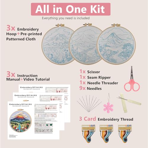 Embroidery Kit for Adults, Pre-Stamped Pattern Embroidery Kit for Beginners, DIY Hand Needlepoint Starter Kit with Hoop Thread Needle Instruction, 6.3'' Hoop (Nature Landscape 3 Packs) - style: Nature Landscape 3 Packs