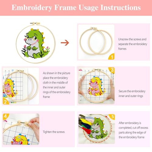 Zhenqing 4 Cute Animal Cross Stitch Kit for Beginners, 11CT Printed 24x24cm with Hoop, Dinosaur Cat Bunny Embroidery Set（68123）