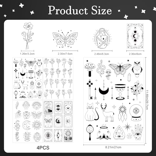 Water Soluble Embroidery Patterns Stabilizers - Rngmsi 4 Pcs Mystic Boho Stick and Stitch Embroidery Paper Wash Away, Flower Moon Cat Designs Transfer Patterns Stabilizers for Hand Sewing - color: Mystic Boho Flower