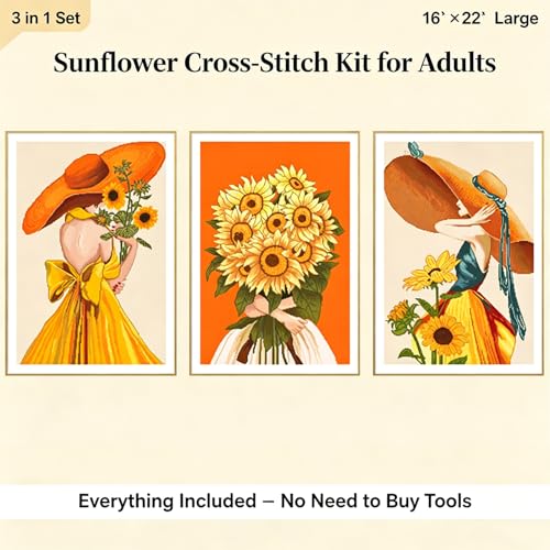 ZGEZGE 3-piece Sunflower Cross Stitch Kit. Suitable for Beginners and Adults. 16x22 inch Large Cross Stitch kit. Includes Scissors, Needles, Thimble, etc. DIY Floral wall Decoration.