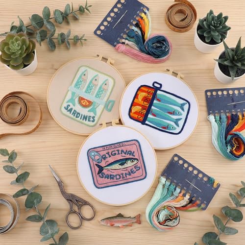 Mindsoft 3 Set Needlepoint Kit for Beginners with Hoop,Sardine - style: Sardine