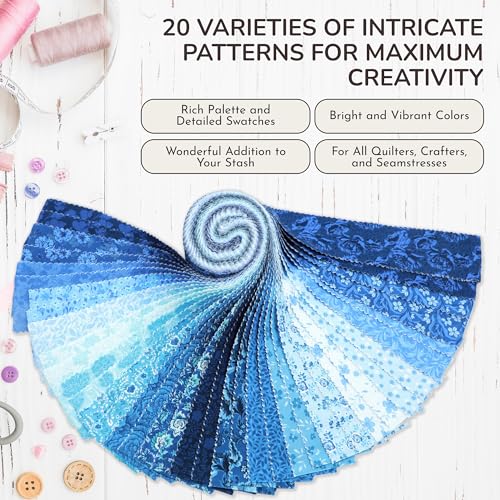 Tinyspool & Co.'s Twirlie Roll 40 Precut Quilting Fabric Strips for Quilting Supplies, Crafting, and Sewing, Soft Cotton Strip for Blanket, Rug, Upholstery, Home Decor, and Purse Making, Eternal Bleu - color: Eternal Bleu
