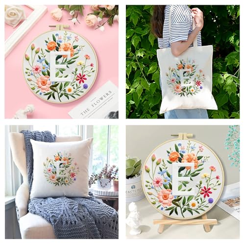 Zhenqing Letter E Floral Embroidery Kit for Beginners, Pre-Printed 29x29cm Cotton Fabric with 20cm Hoop, Elegant Monogram Art for Home Decor(C0088)