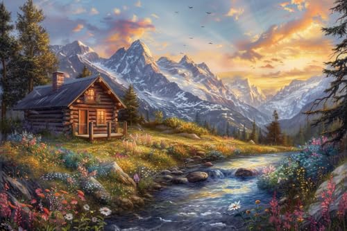 Moohue 14ct Counted Cross Stitch Kits for Adults Mountains House River Printed Stamped Cross Stitch Patterns Kits Cross Stitch Supplies (Beautiful Mountains House River) - color: Beautiful Mountains House River